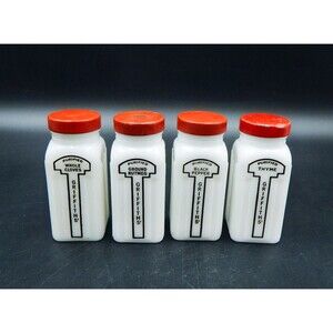 Griffith’s Milk Glass Spice Jars Bottles Set 4 Black Print Red Lids Thyme Nutmeg